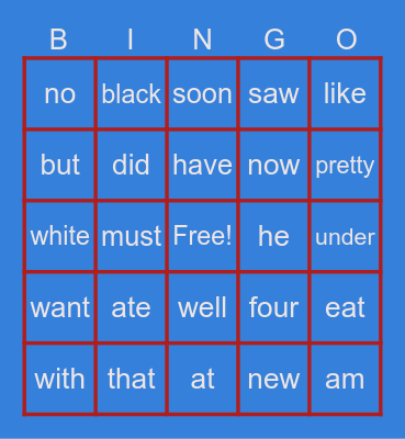 Kinder Sight Words Bingo Card