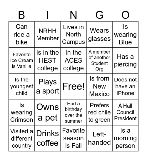 Hall Council Bingo Card