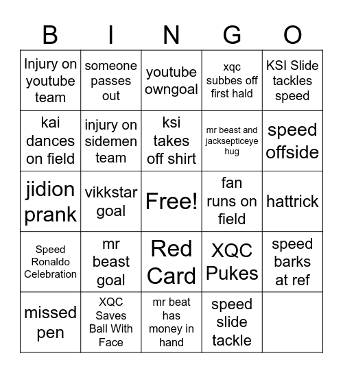 Sidemen game Bingo Card