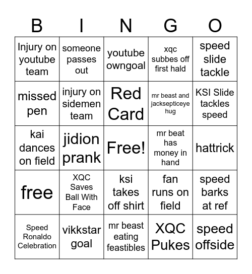 Sidemen game Bingo Card