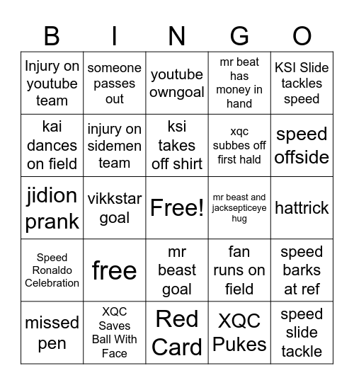 Sidemen game Bingo Card