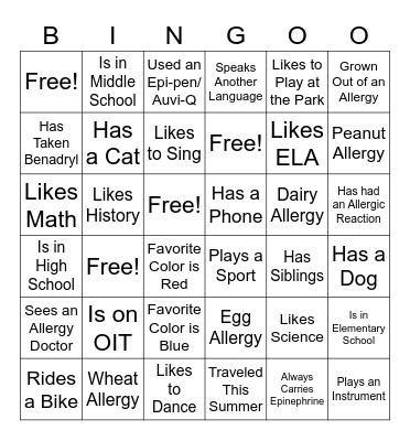 Food Allergy Bingo Card