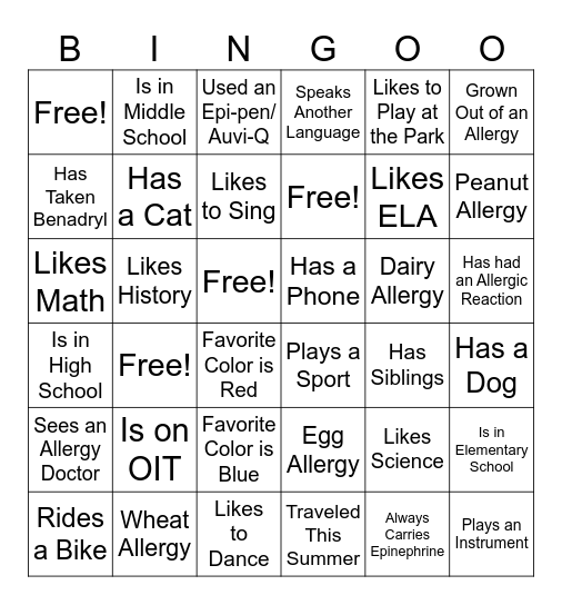 Food Allergy Bingo Card