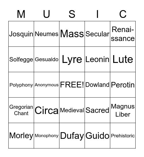 Early Music Bingo Card