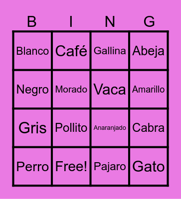 Animal and Color Bingo Card