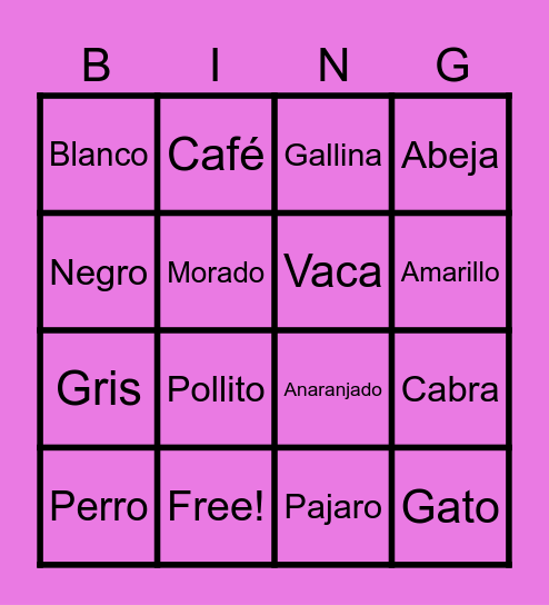 Animal and Color Bingo Card