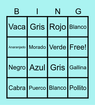 Animal and Color Bingo Card