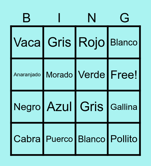 Animal and Color Bingo Card