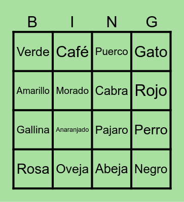 Animal and Color Bingo Card