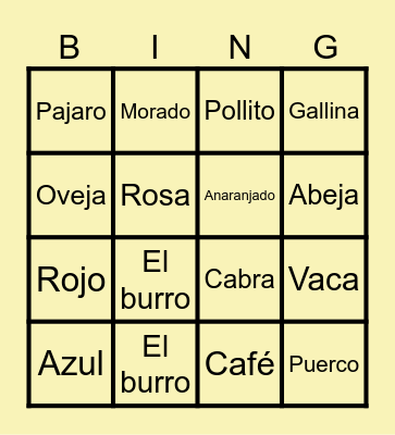 Color and Animal Bingo Card