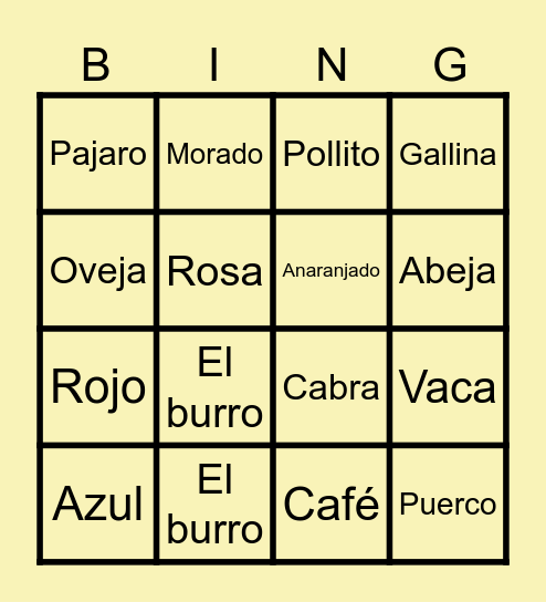 Color and Animal Bingo Card