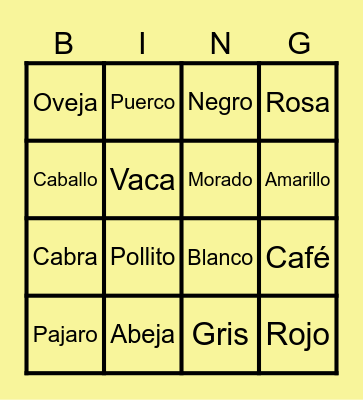 Color and Animal Spanish Bingo Card
