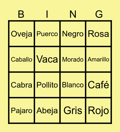 Color and Animal Spanish Bingo Card