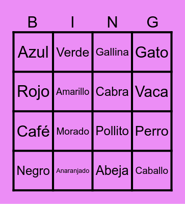 Color and Animal Spanish Bingo Card