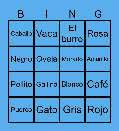 Color and Animal Bingo Spanish Bingo Card