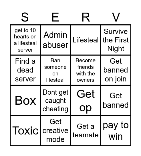 Minecraft Servers Bingo Card