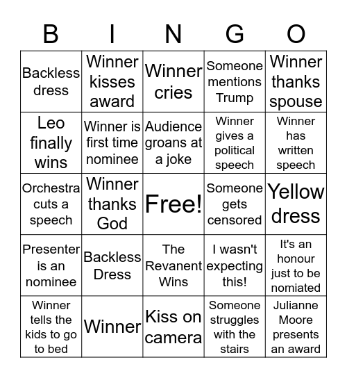 Oscars 2016 Bingo Card