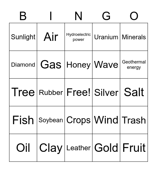Natural resources Bingo Card