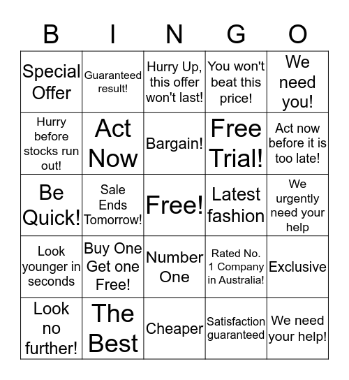 Persuasive Phrases in Advertising Bingo Card