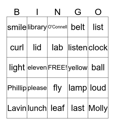/L/ Word Bingo Card