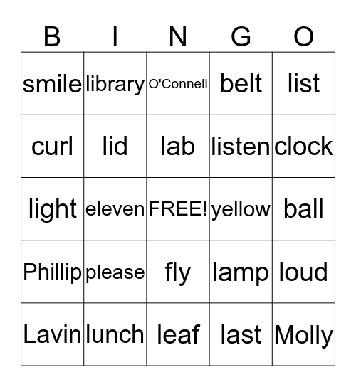/L/ Word Bingo Card