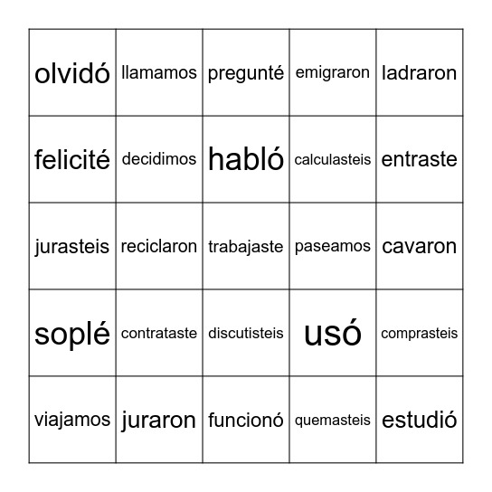 Pasado de verbos regulares Bingo Card