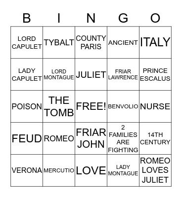Romeo and Juliet Bingo Card