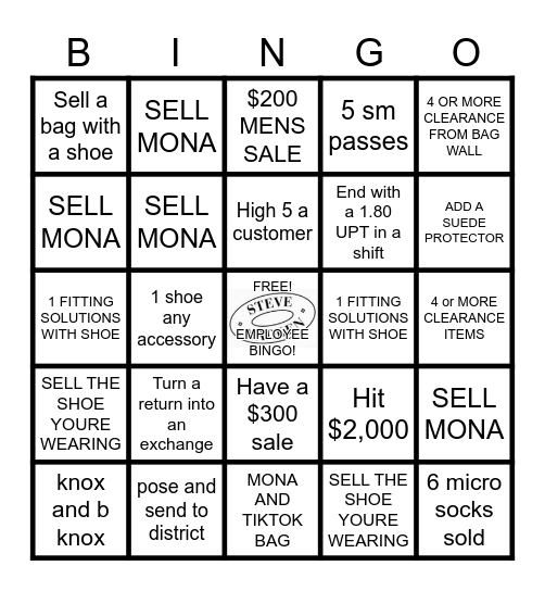 Steve Madden Bingo Card