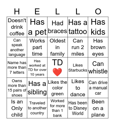 Get to know your TD Middlesex Region Bingo Card