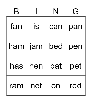 Phonics Bingo Card