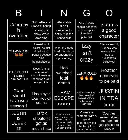 How much do you relate to me/my opinions on total drama? Bingo Card