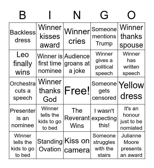 Oscars 2016 Bingo Card