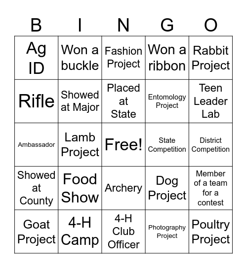 Holliday 4-H Club Bingo Card