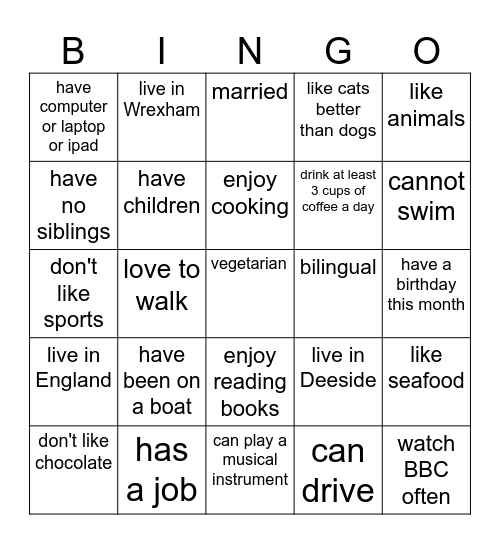 getting to know you Bingo Card