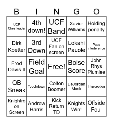 UCF Knights vs Boise State Bingo Card