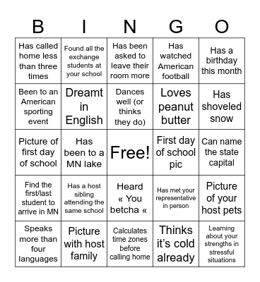 MN Exchange student Bingo Card