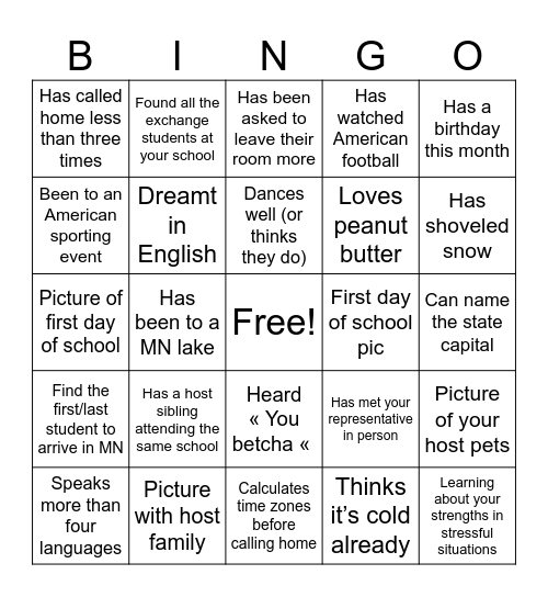 MN Exchange student Bingo Card