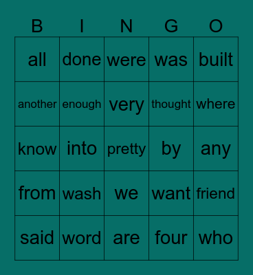 Heart Word Bingo Card