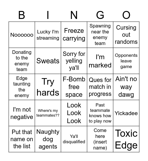 Uncharted Bingo Card