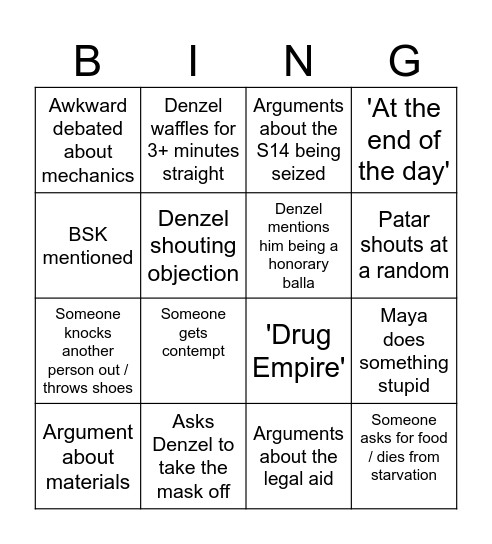 Denzel's courtcase Bingo Card