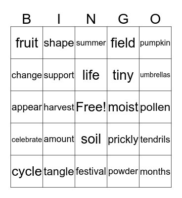 Life Cycle of a Pumpkin Bingo Card