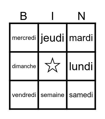 les jours de la semaine Bingo Card