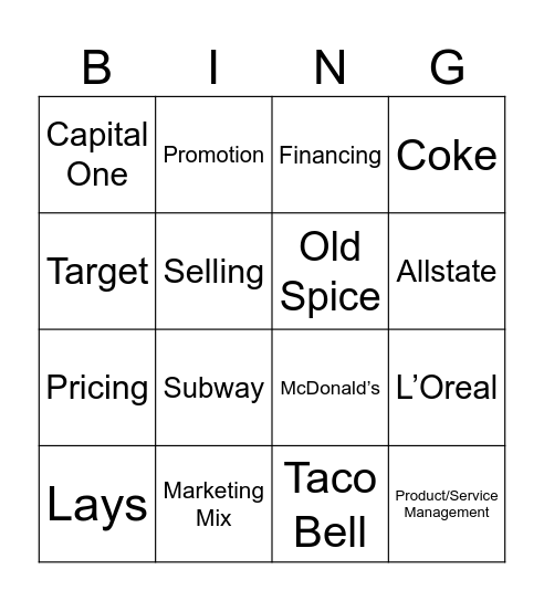 Marketing Mix & Functions Bingo Card