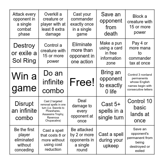 Game Kastle Commander Bingo Card