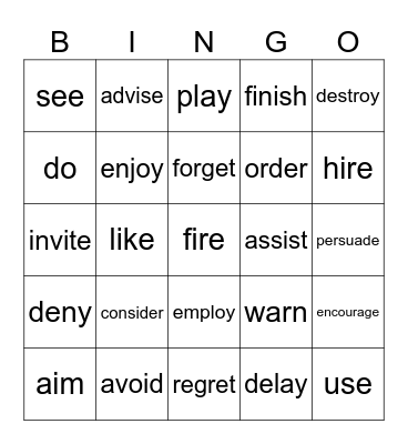Verb wars Bingo Card
