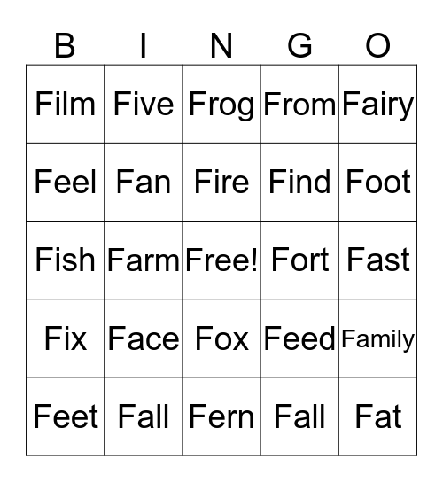 Initial /f/ Bingo  Bingo Card