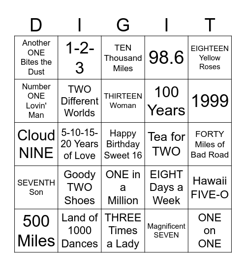 MUSIC BINGO #14 - By the Numbers Bingo Card