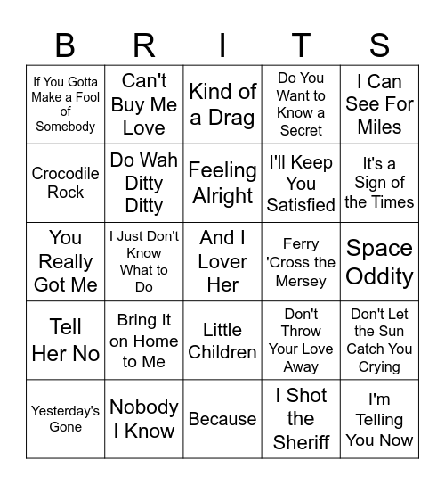 MUSIC BINGO #31 - British Invasion Bingo Card