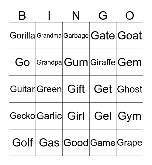 Initial /g/ Bingo  Bingo Card