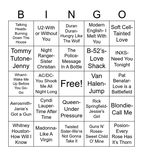 80s Musical BINGO Card